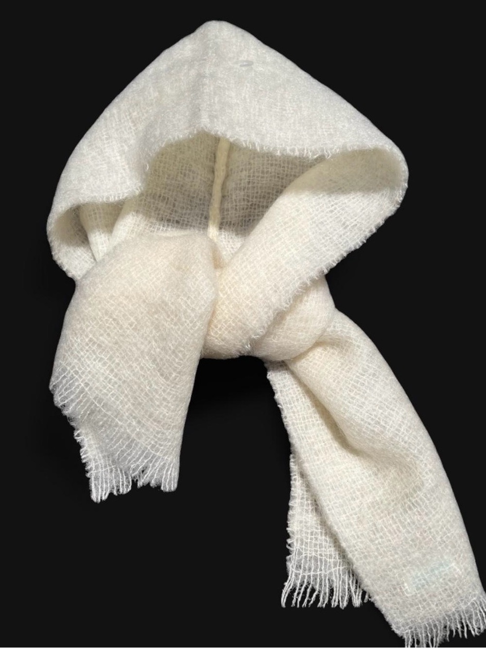🏴󠁧󠁢󠁳󠁣󠁴󠁿 Vintage 90s Mohair Wool Airy Soft Cream Woven Hooded Scarf